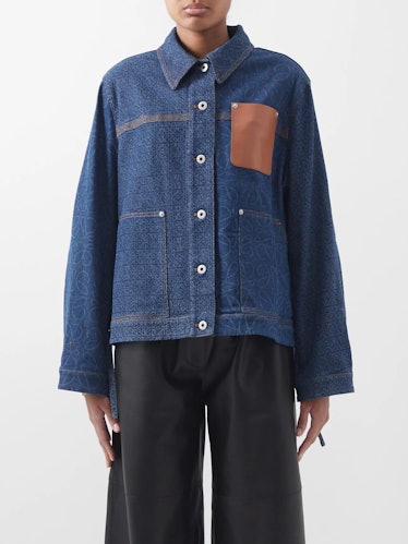 Anagram-Jacquard Leather-Pocket Denim Jacket