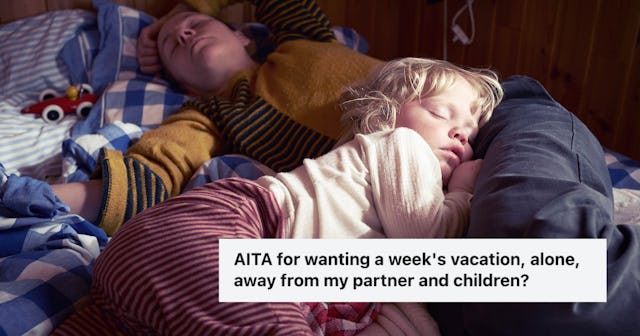A mom naps with her young son. A woman asked Reddit's AITA forum if she deserves a weeklong solo vac...
