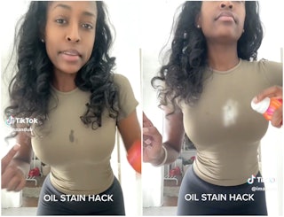 A TikToker shows how she uses dry shampoo to remove an oil stain from her shirt.