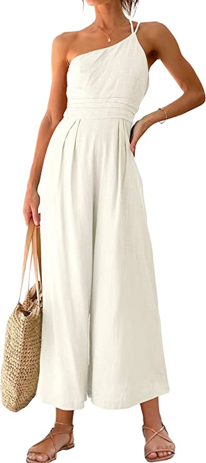 ANRABESS One Shoulder Pleated Wide Leg Jumpsuit