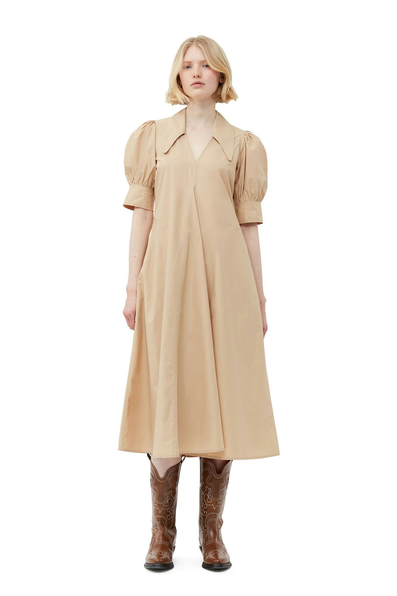 Beige Cotton Poplin V-Neck Maxi Dress