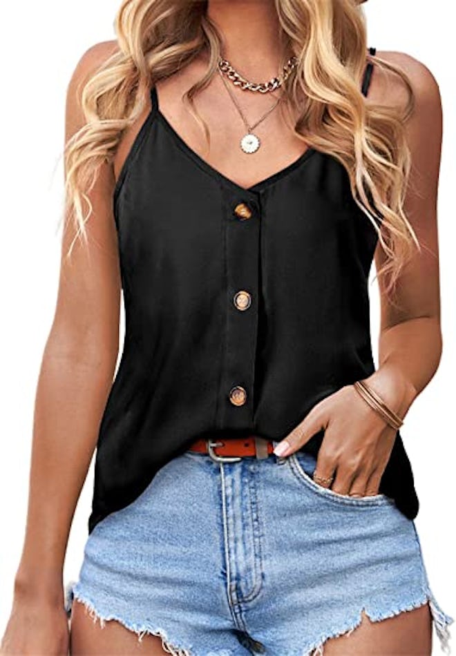If you're looking for inexpensive yet stylish clothes, consider this cute button down tank top.