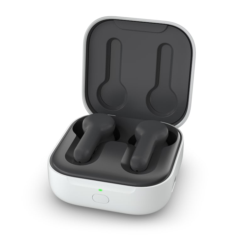 The new Echo Buds in a white charging case.