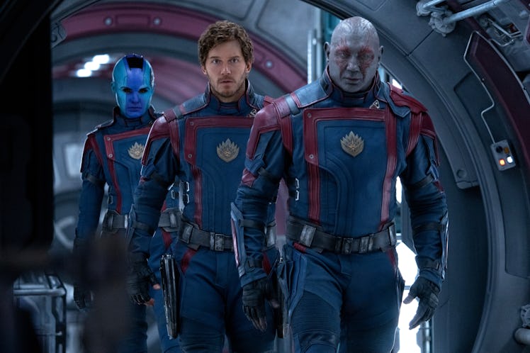 Karen Gillan as Nebula, Chris Pratt as Star-Lord, and Dave Bautista as Drax in Guardians of the Gala...