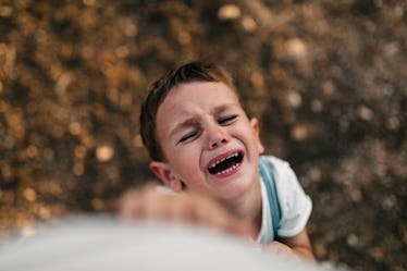 A boy throwing a tantrum and reaching up at their parent, toward the camera.