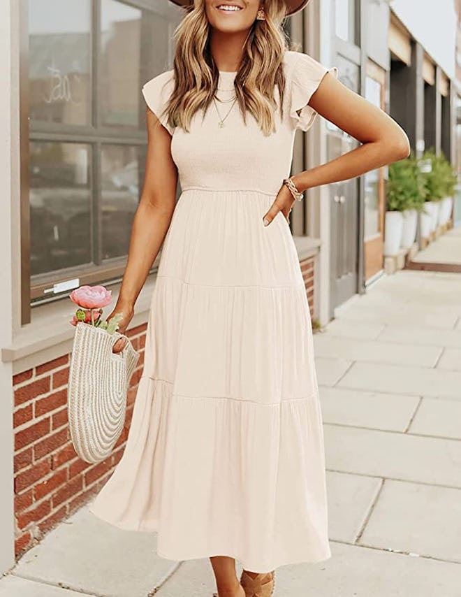 ZESICA Flutter Sleeve Tiered Midi Dress