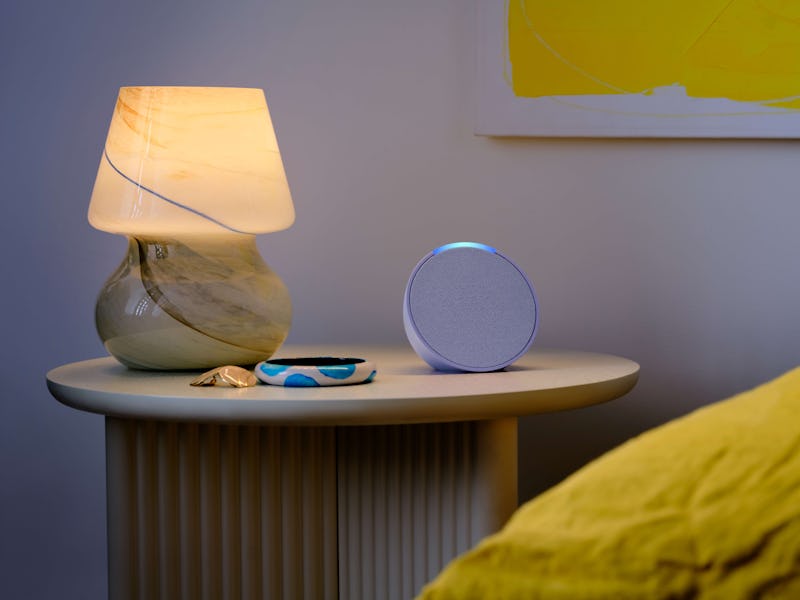 The Echo Pop speaker on a nightstand.