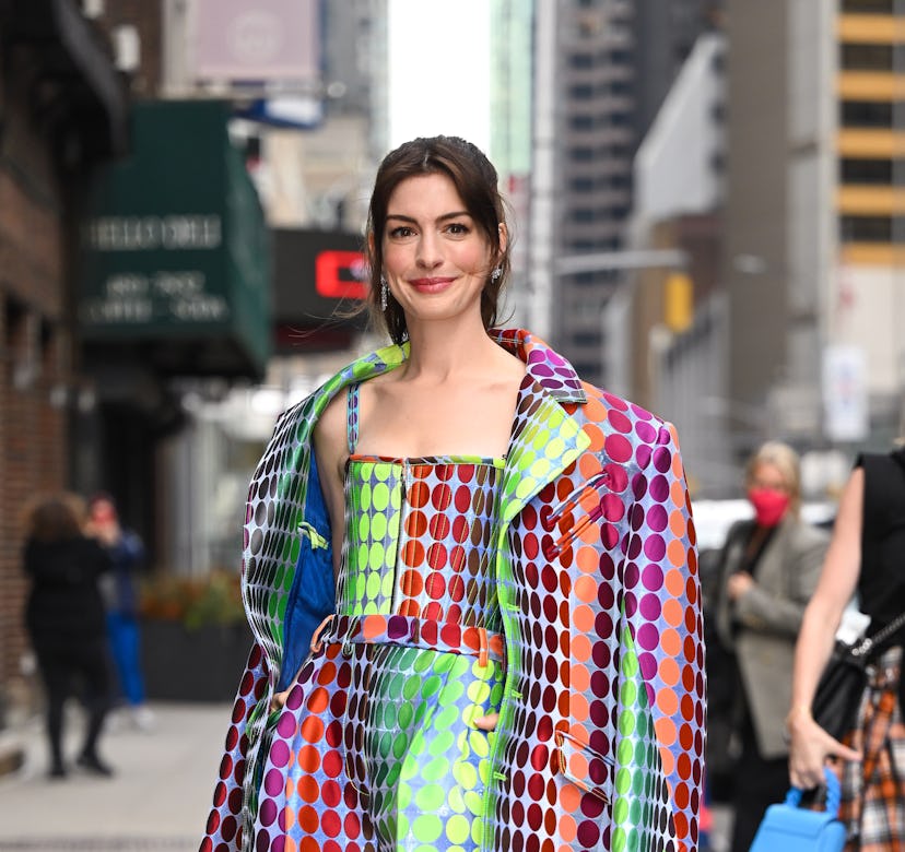 Anne Hathaway is seen outside the 'The Late Show With Stephen Colbert' 