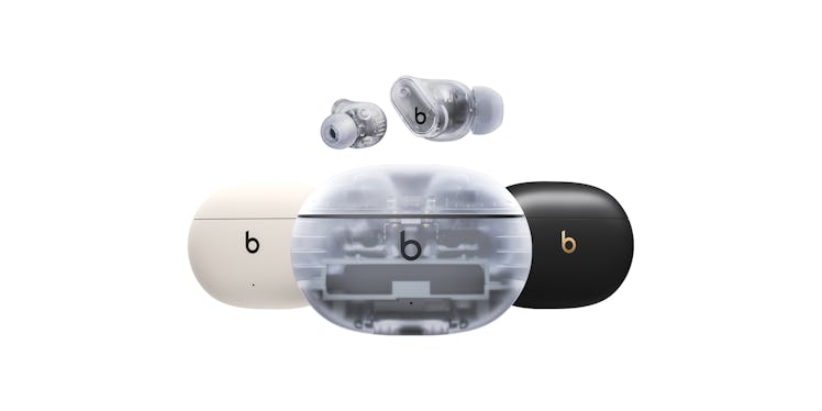 The Beats Studio Buds+ in white, translucent, and black.