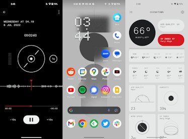 Nothing OS home screen, recorder app, and weather app design for Nothing Phone 1