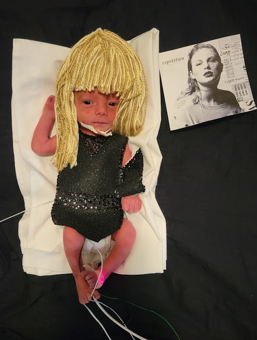 A preemie dressed up as Taylor Swift.