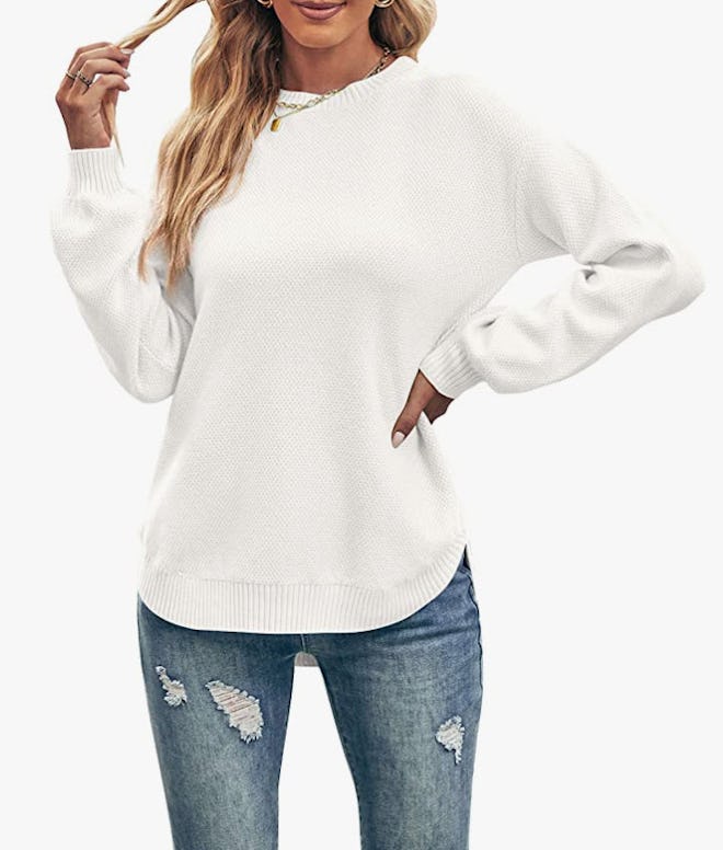 MEROKEETY Long Balloon Sleeve Crew Neck Sweater