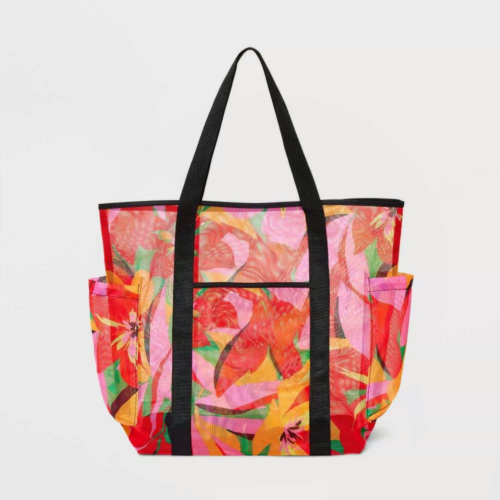 Floral Print Mesh Tote Handbag