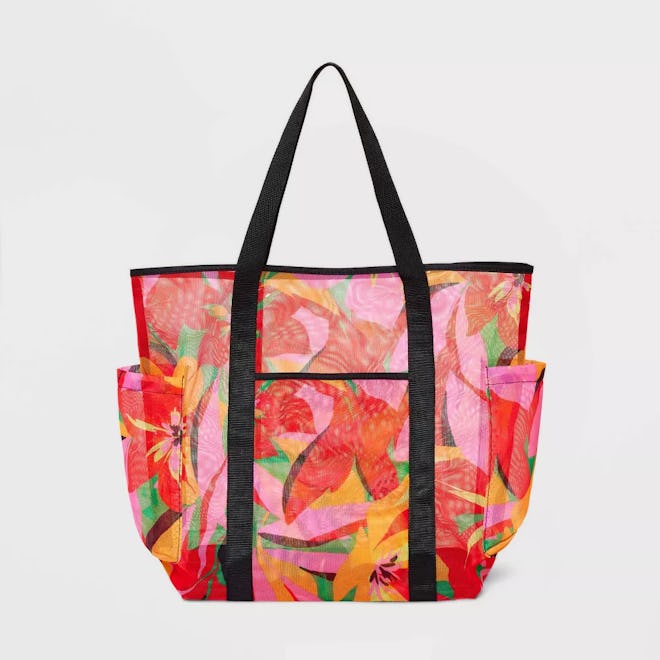 Floral Print Mesh Tote Handbag 