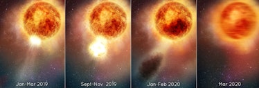 four panels showing a red giant star. From left to right, one panel shows a bright white flare at th...