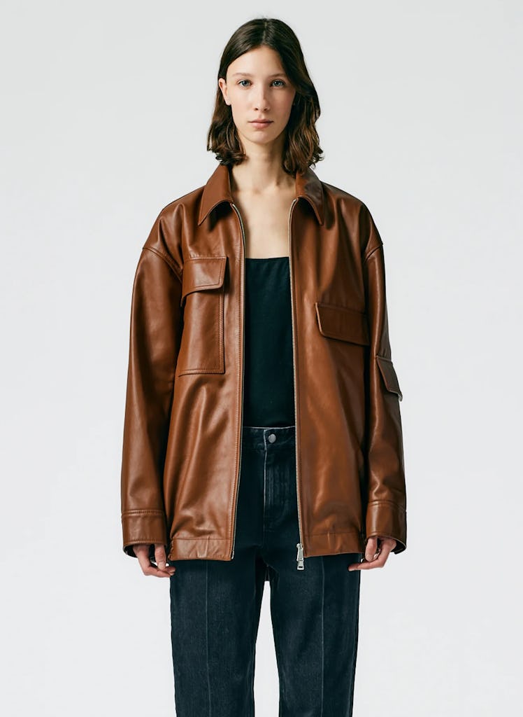 Tibi Aviator Leather Oversized Bomber