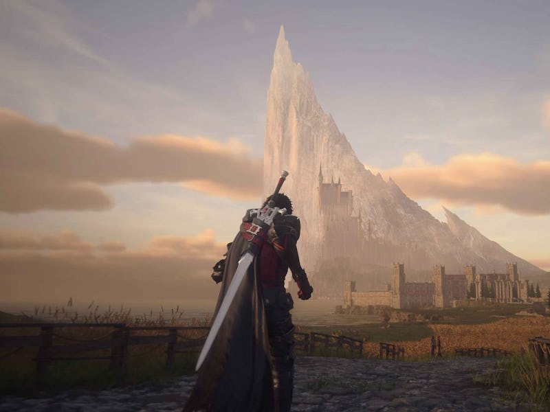 Final Fantasy 16 Clive approaching large crystal in the distance.