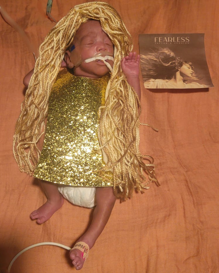 A NICU baby dressed up as Taylor Swift.