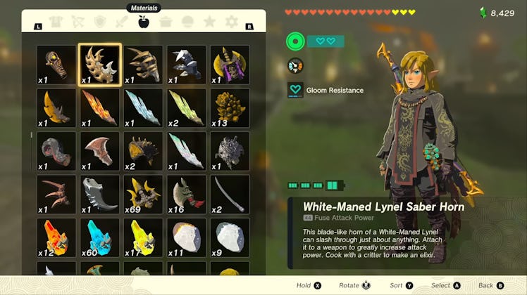 Legend of Zelda Tears of the Kingdom inventory