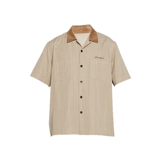 Sacai Men's Pinstriped Velvet-Collar Short-Sleeve Shirt