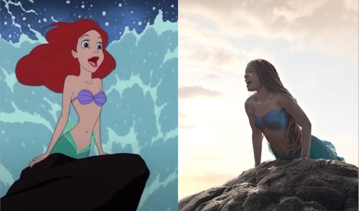 Animated 1989 Ariel next to live-action Ariel on rock.