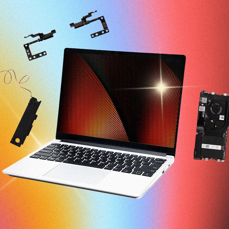 A new Framework Laptop surrounded by upgraded components on a colorful background.