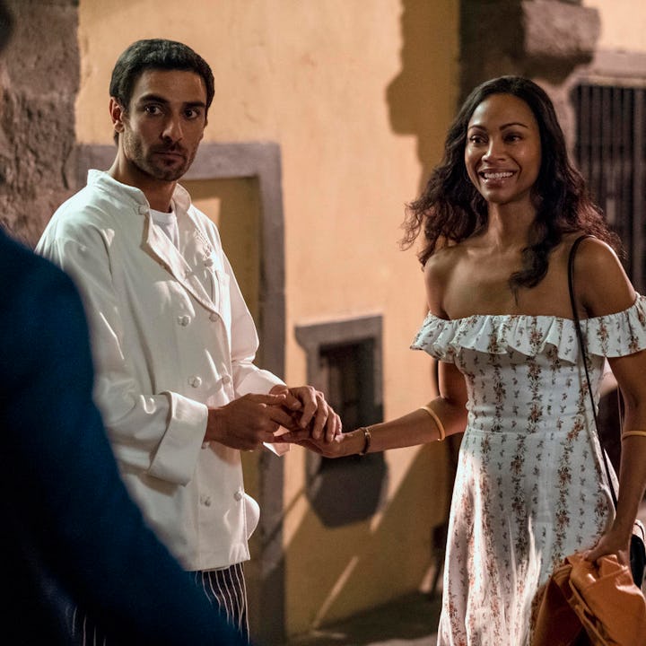 Eugenio Mastrandrea as Lino Ortolano and Zoe Saldana as Amy Wheeler in the hit Netflix series 'From ...