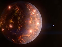 image of a reddish planet with a cracked surface dotted with small bright explosions, against a blac...