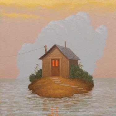 a painting of a small house on a tiny island