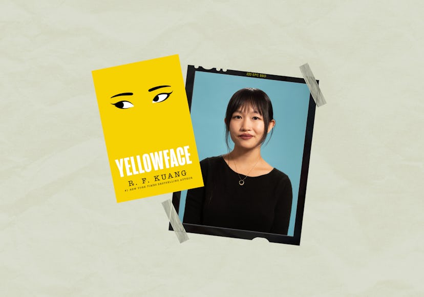 An author photo of R.F. Kuang with an image of the cover of 'Yellowface.'