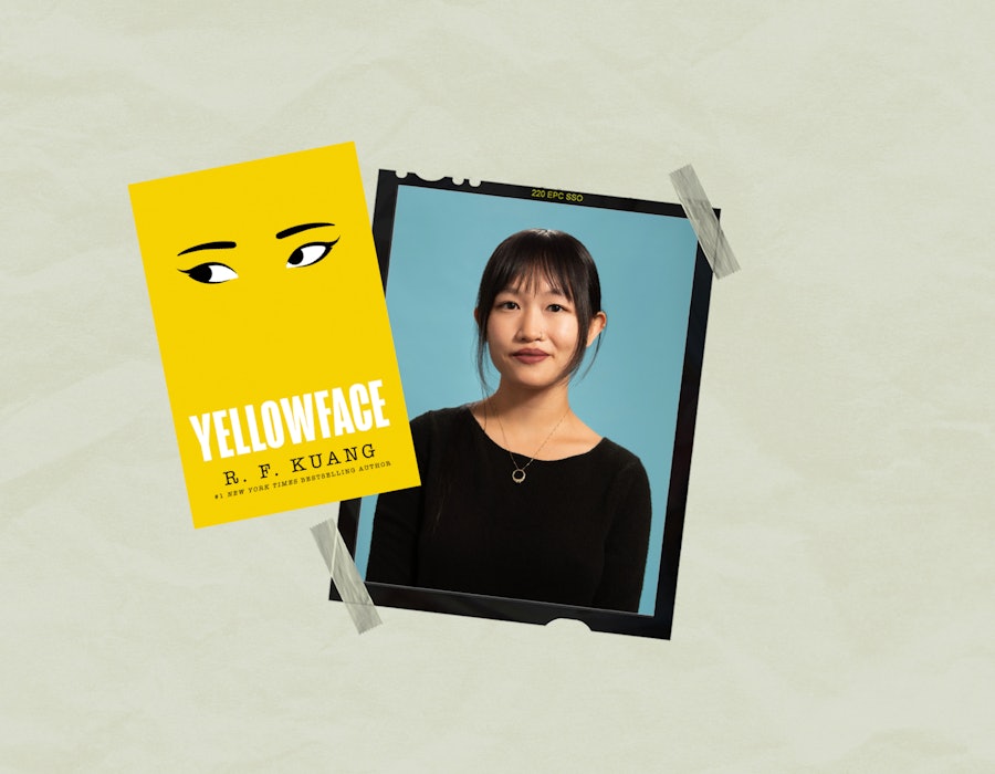 An author photo of R.F. Kuang with an image of the cover of 'Yellowface.'