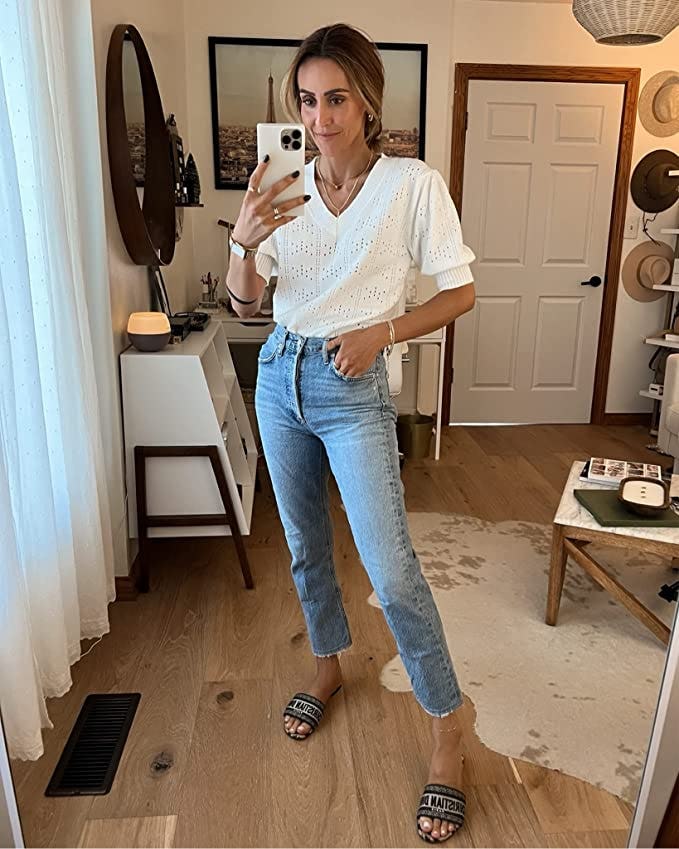 Saodimallsu Short Puff Sleeve Pointelle Knit Top