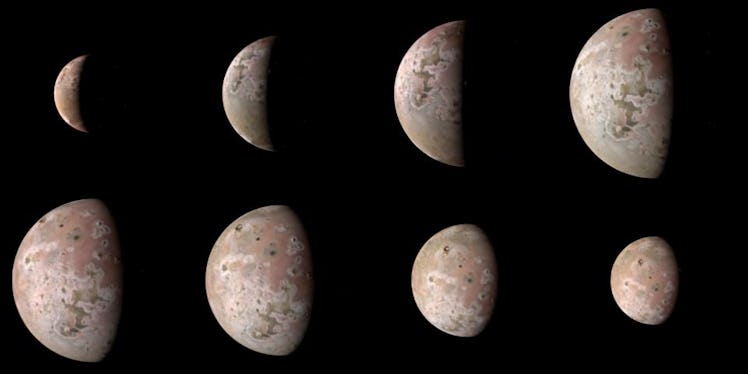 A collage of images shows what the Juno spacecraft saw as it approached and then receded from Io. It...