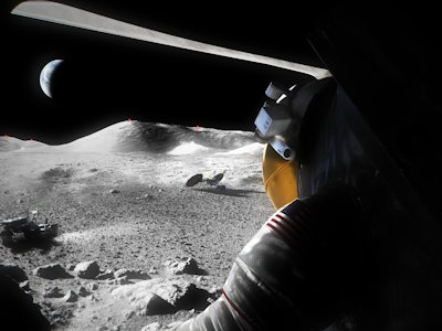 an astronaut stares out a window at the surface of the moon