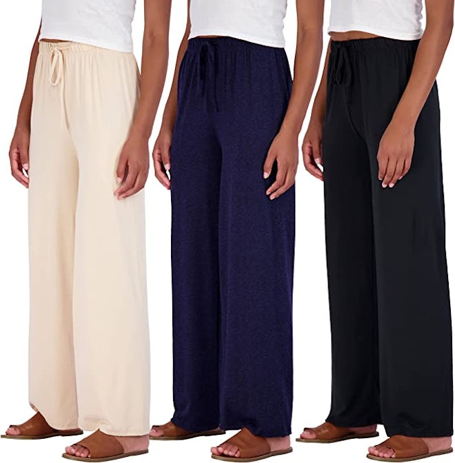 Real Essentials Wide Leg Palazzo Lounge Pants with Drawstring (3-Pack)