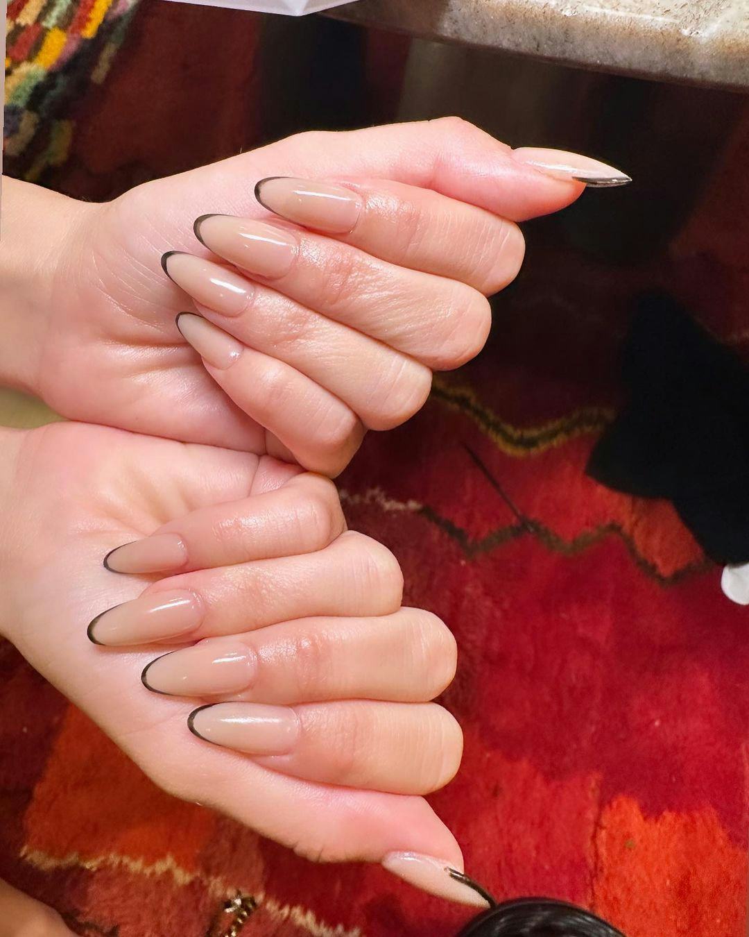 Emily Ratajkowski’s black micro French manicure for the Met Gala 2023.