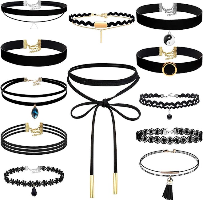 Shynek Black Choker Necklace Set (12 Pieces)