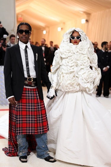 A$AP Rocky and Rihanna attend The 2023 Met Gala Celebrating "Karl Lagerfeld: A Line Of Beauty" at Th...