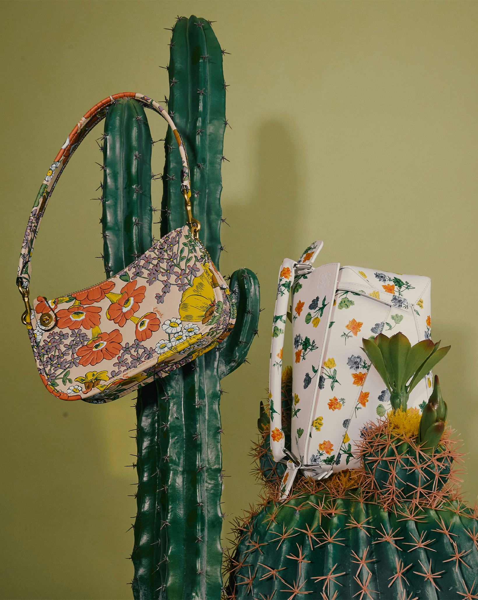 summer 2023 floral shoulder bags from Coach and Loewe
