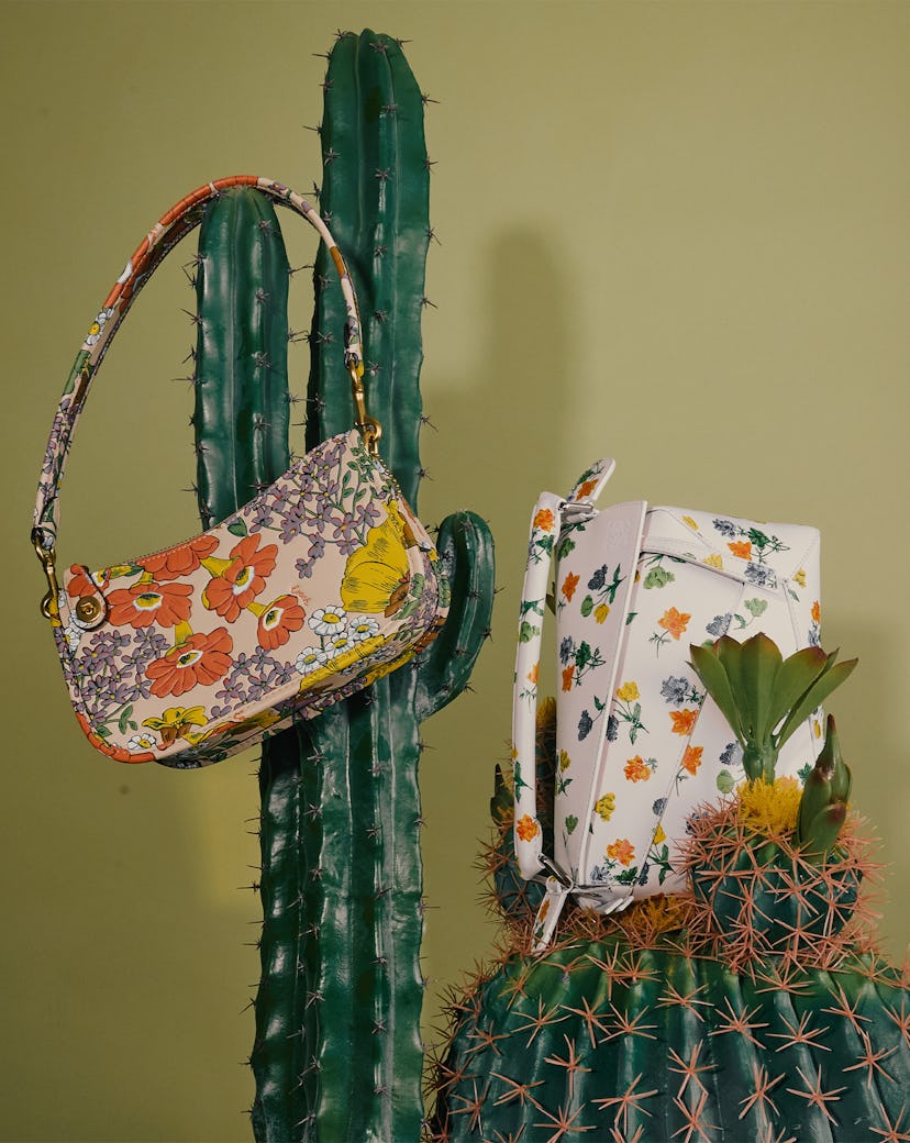 summer 2023 floral shoulder bags from Coach and Loewe