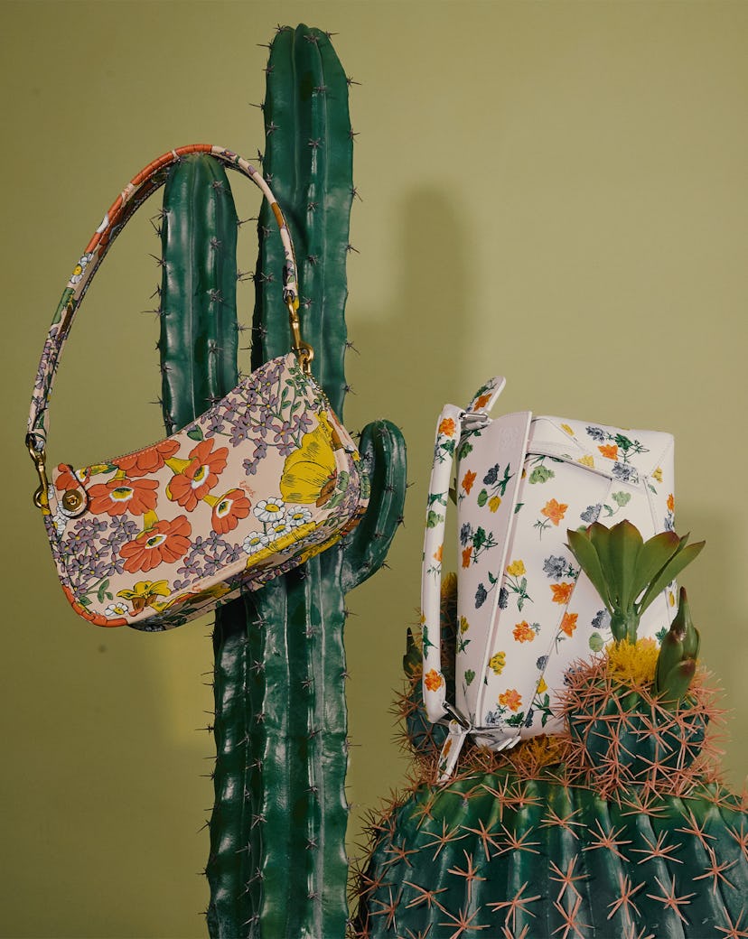 summer 2023 floral shoulder bags from Coach and Loewe 