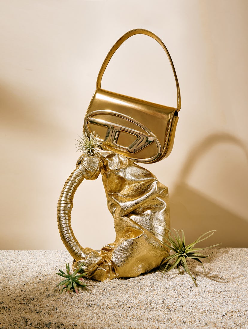 summer 2023 metallic gold shoulder bags from Diesel and Simon Miller