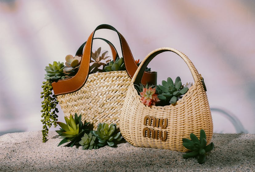 summer 2023 woven rattan beach bags from mango and miu miu