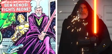 Side by side of a Star Wars comic book from 1977 and a scene from the 'Ahoska' trailer in 2023.