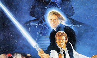Luke Skywalker and Han Solo no the poster for 'Return of the Jedi,' circa 1983. Luke Skywalker is ho...