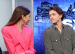 Tom Holland, a Gemini, looking at Zendaya with love in his eyes.