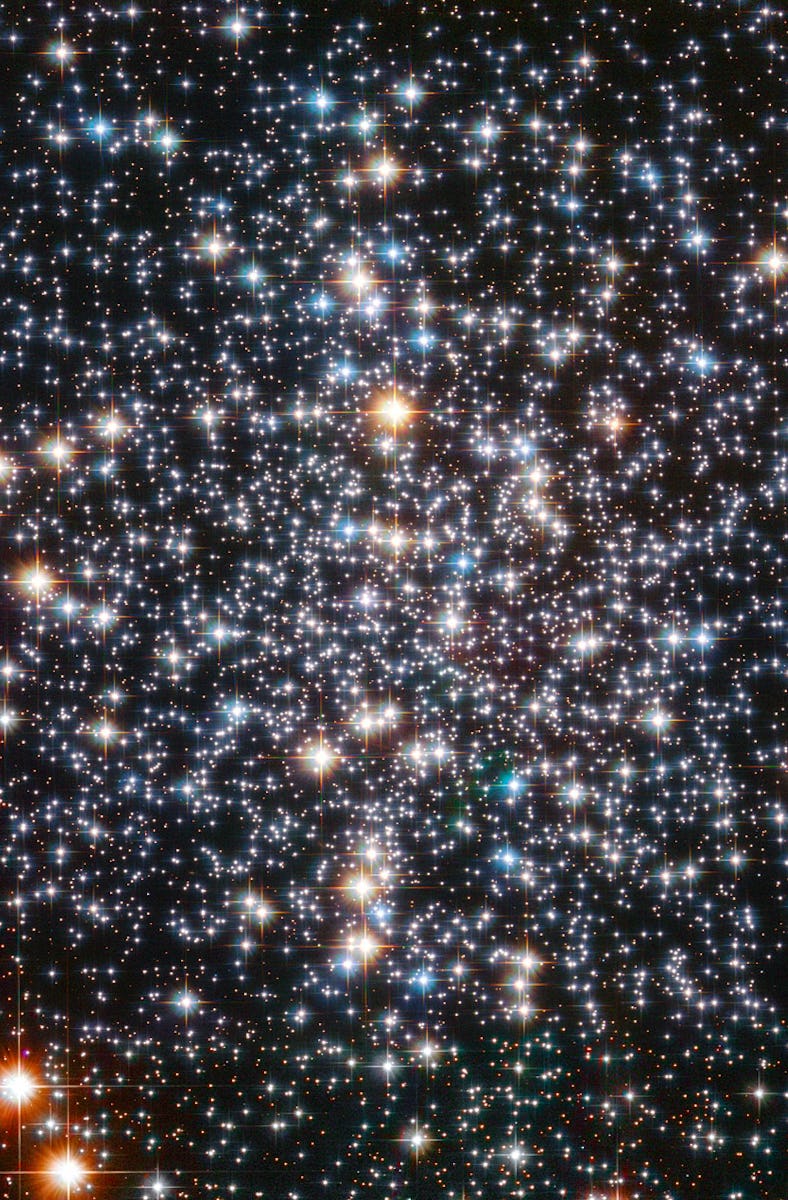 color photo of a round cluster of thousands of stars on a black background