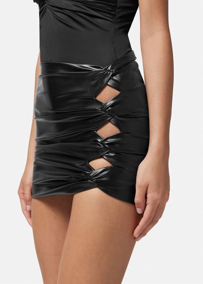Dua Lipa x Versace Faux Leather Knotted Mini Skirt