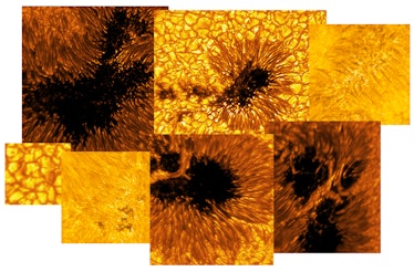 Seven photos from the Sun on a white background, showing glowing features from the star.