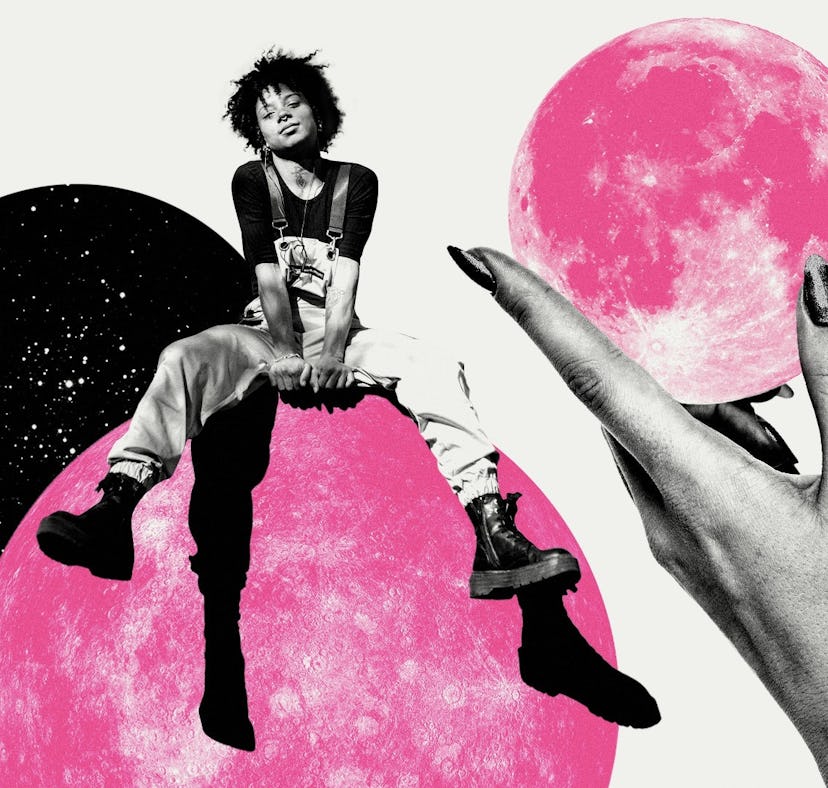 Young woman sitting on a planet after reading her June 2023 monthly horoscope.